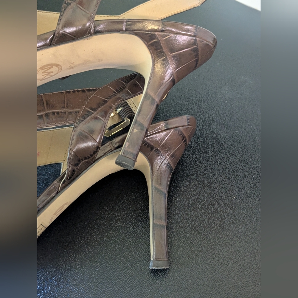 Michael Kors Womens Nutmeg Brown Becky Embossed Leather Sandal Heels - Picture 11 of 16